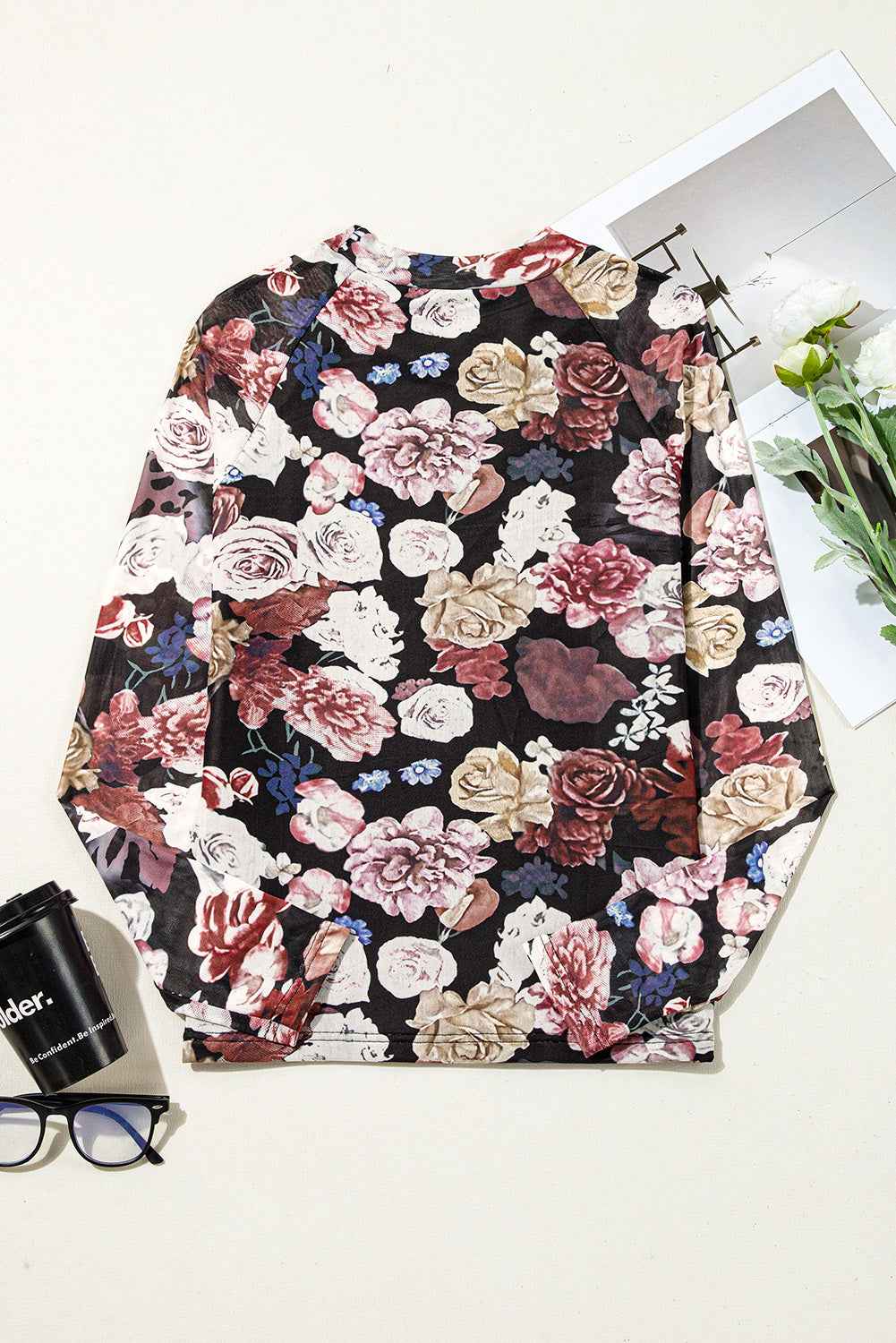 Floral Mock Neck Long Sleeve Mesh Top - Damned Threads